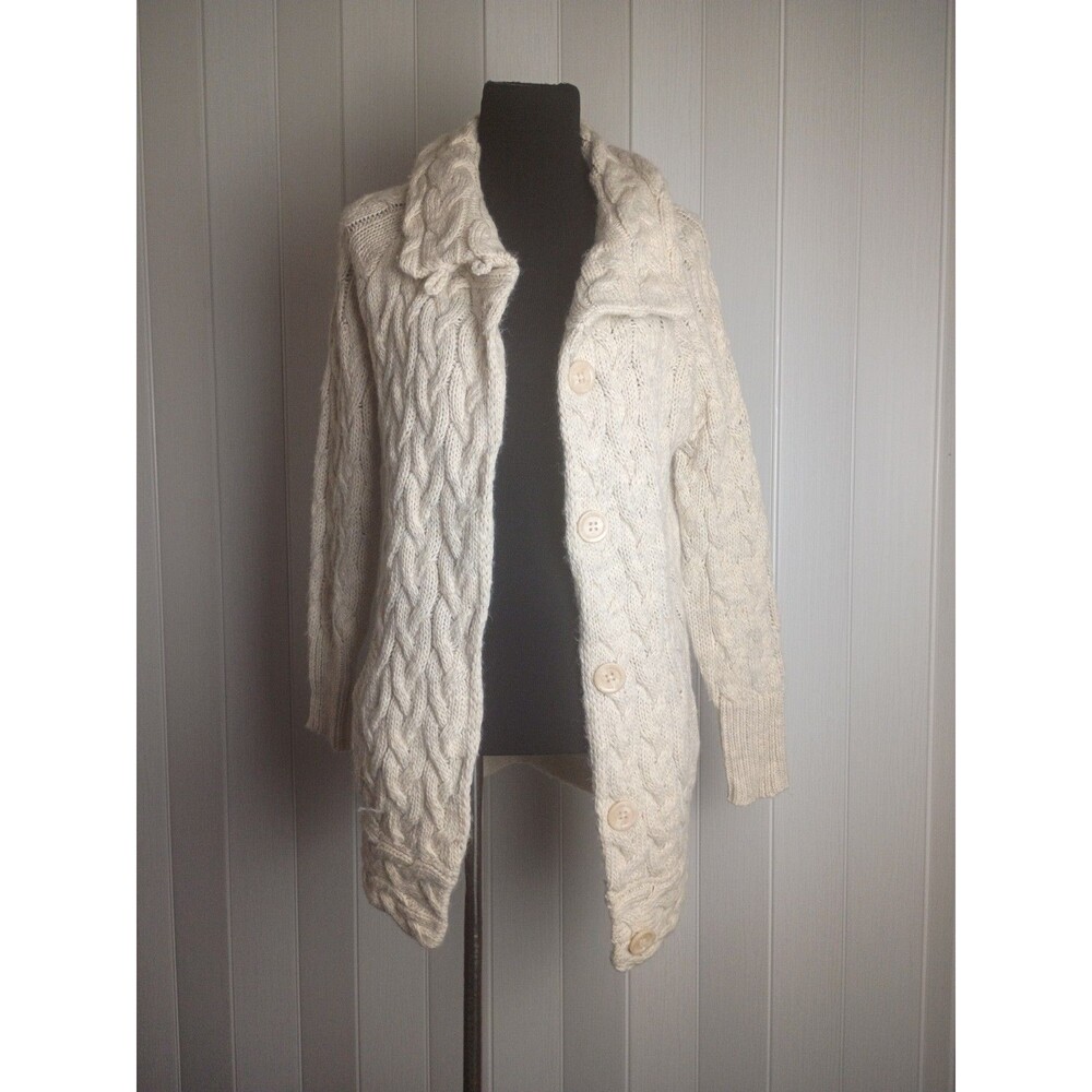 Ellen Reyes Ivory Cable-Knit Button-Front Collared Cardigan Sweater Acrylic M
